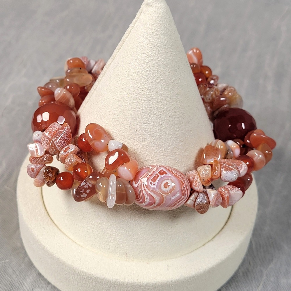Carnelian Agate Stone Bracelet Orange Red Multi Strand Stretch Boho Style